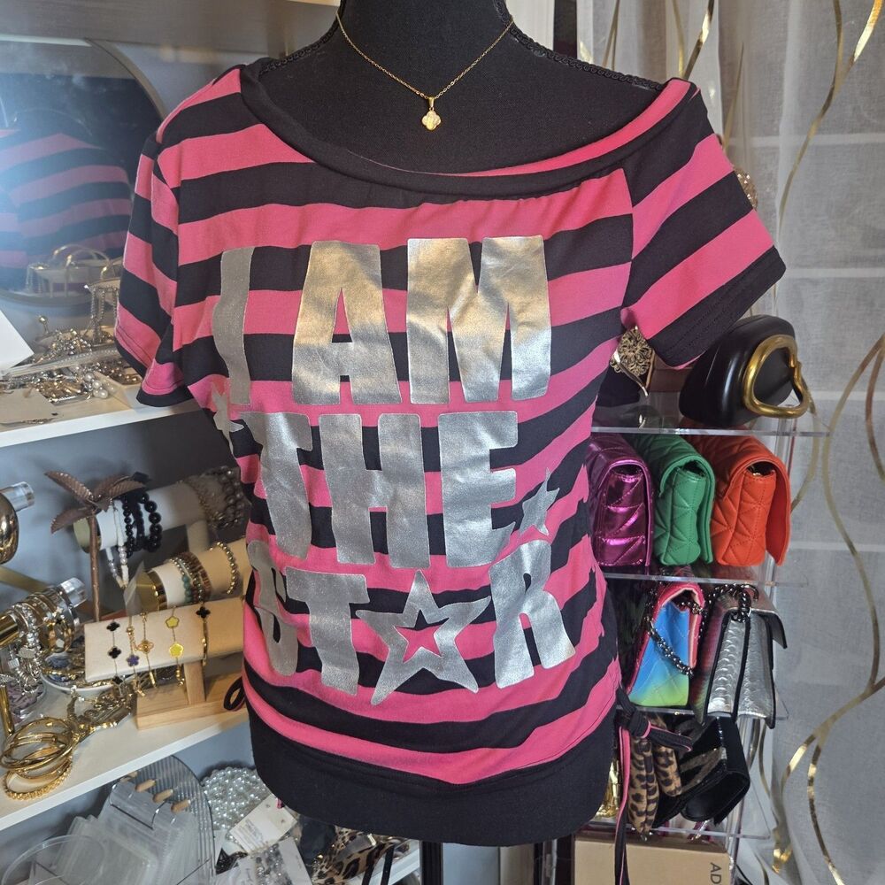 Pink Black Striped “I Am The Star” Graphic Top Womens Large Silver Foil Tee Side